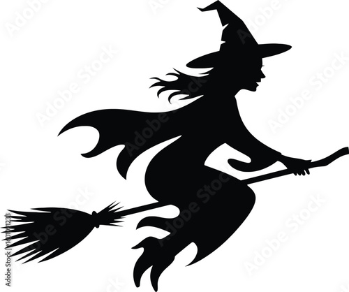 Classic halloween witch silhouette flying on a broomstick against a white background