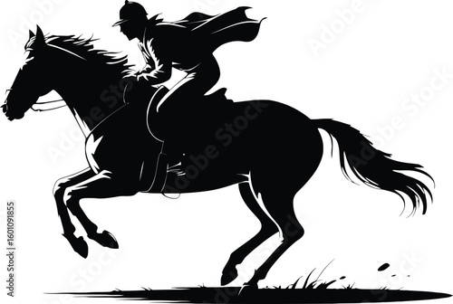 Dynamic black silhouette of a jockey and horse in full stride during a race