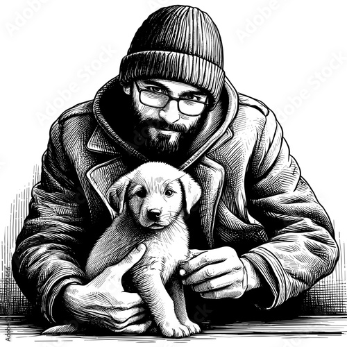 Man holding puppy in cold weather