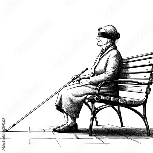 Blindfolded woman sitting on a bench holding a cane