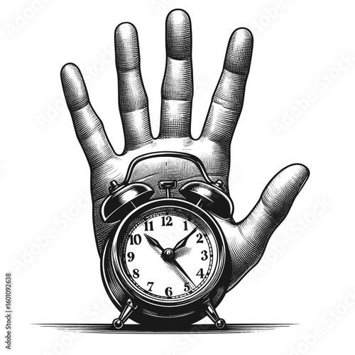 Hand holding clock in black-and-white style represents time management