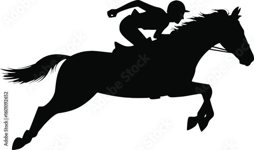 Dynamic silhouette of a jockey riding a galloping horse during a steeplechase race