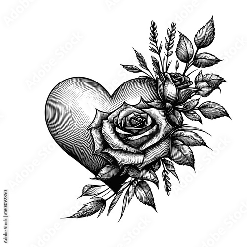 Wallpaper Mural Heart and rose illustration in black and white for love Torontodigital.ca