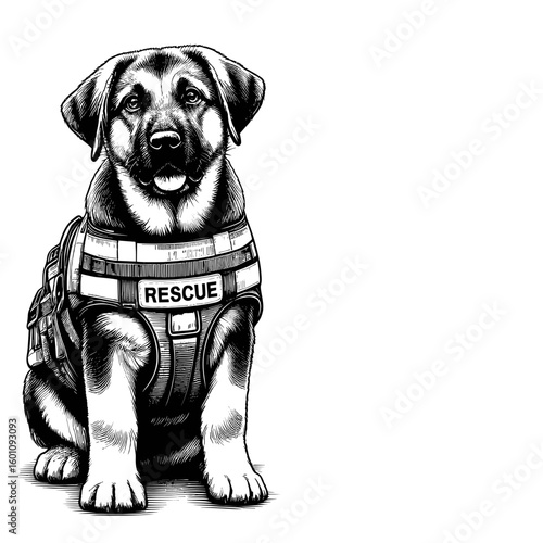 Rescue dog sitting wearing a harness