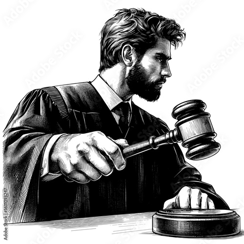 Judge banging gavel in courtroom setting
