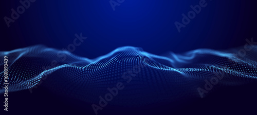 Abstract wave. Interweaving of dots and lines on a black background. Big data. 3D rendering.