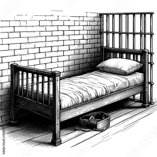 Bed drawn in sketch against brick wall
