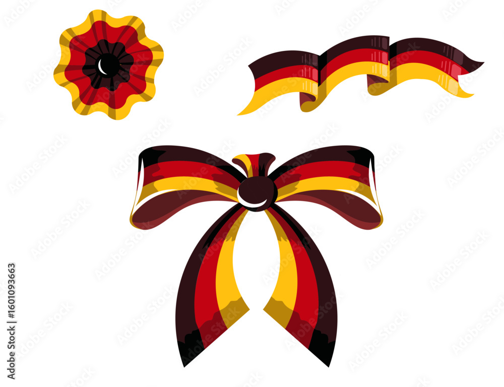 Fototapeta premium Decorative vector elements inspired by the german flag and traditional. Includes ribbon bow, escarapela (rosette), and national flag in a unique vintage design.