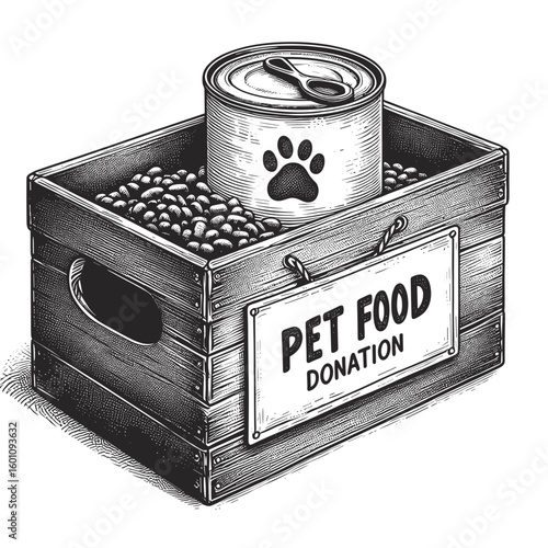 Pet food donation box illustrated in black and white for charity