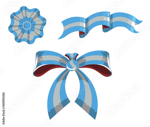 Decorative vector elements inspired by the Argentina flag and traditional 'fileteado porteño' style. Includes ribbon bow, escarapela (rosette), and national flag in a unique vintage design.