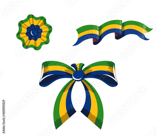 Decorative vector elements inspired by the Brazil flag and traditional. Includes ribbon bow, escarapela (rosette), and national flag in a unique vintage design.