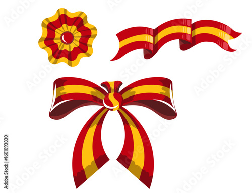 Decorative vector elements inspired by the spain flag. Includes ribbon bow, escarapela (rosette), and national flag in a unique vintage design.