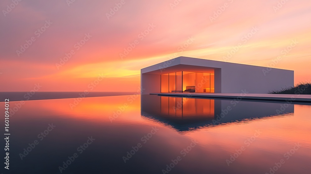 Fototapeta premium Serene modern architecture meets a tranquil infinity pool under a vibrant sunset sky. Minimalist design, peaceful ambiance.