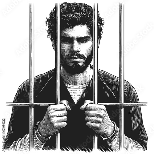 Man holding jail bars in monochrome illustration