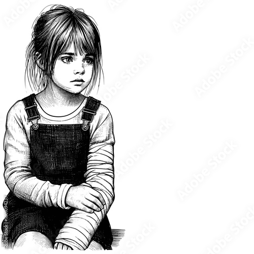 Child with long hair sitting sadly against transparent background