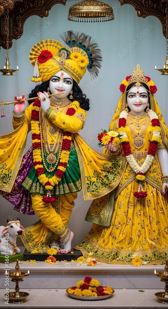 Fototapeta premium Beautiful krishna radha deities in temple with colorful flower decorations spiritual hinduism india divine