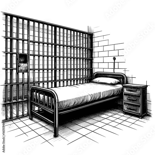 Prison cell sketch in black-and-white style depicting a single bed
