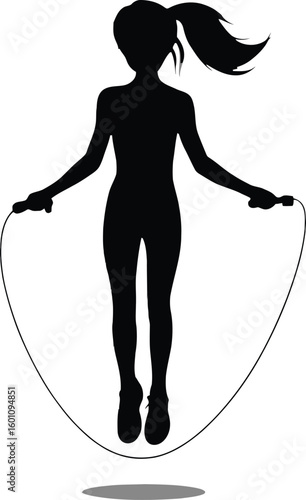 Energetic woman in a dynamic silhouette jumping rope for fitness and exercise