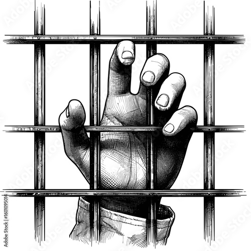 Hand holding bars from behind jail cell
