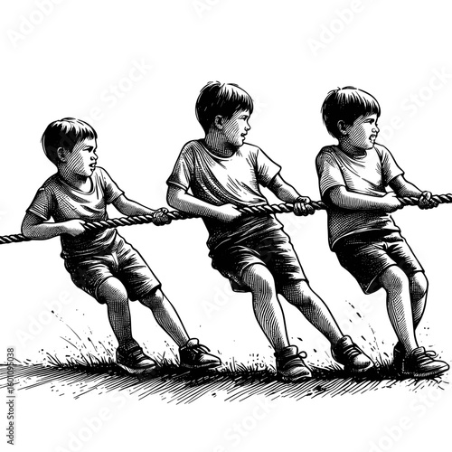 Three boys playing tug-of-war in black-and-white illustration
