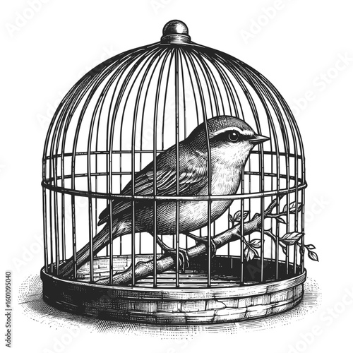 Bird perched inside antique birdcage