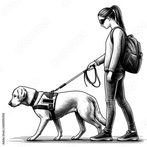Woman walking guide dog on transparent background