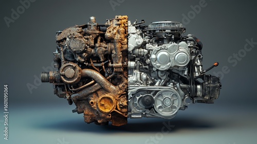 A captivating engine split, showcasing the contrast between rust and pristine condition.