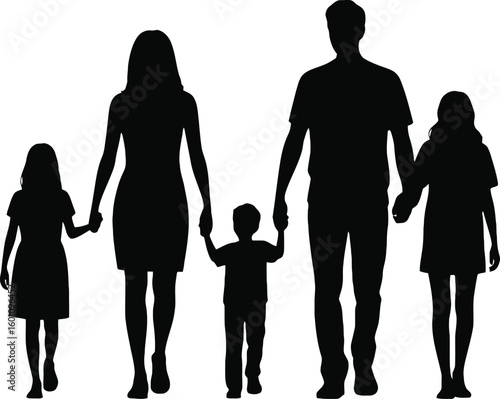 Happy family of five walking together holding hands in a silhouette