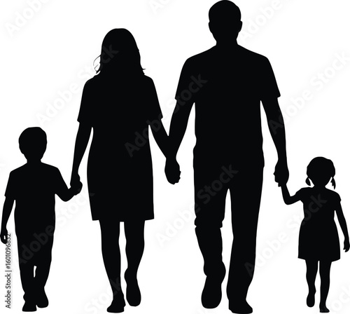 Happy family of four walking together holding hands in a silhouette style