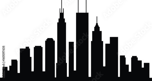 Iconic cityscape silhouette featuring tall buildings and skyscrapers against a white background