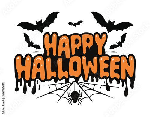 spooky halloween greeting with dripping orange text bats spider and web on black background festive and scary holiday design