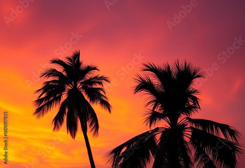 Fototapeta Naklejka Na Ścianę i Meble -  Windswept palm tree silhouette against vibrant sunset sky, ocean, nature photography