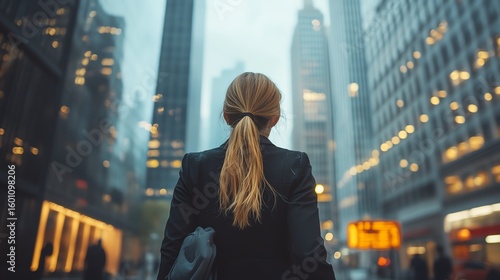 A businesswoman standing in a city street, looking up at the tall buildings.