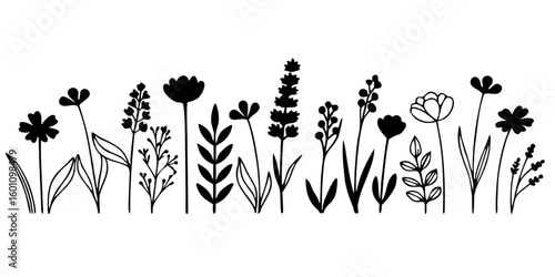 Black and White Wildflower Meadow Silhouette Art