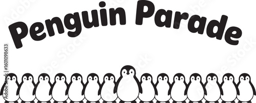Penguin parade text with marching penguins black