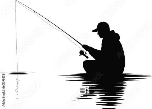 Lone fisherman casting a line into calm water enjoying peaceful solitude silhouette