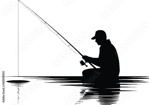 Lone fisherman sitting patiently on riverbank holding fishing rod silhouette