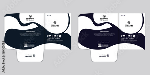 modern geometric folder design template for brochures and catalogs. features layout for images and text. blue folder with orange arrow, ideal for professional corporate stationery sets.