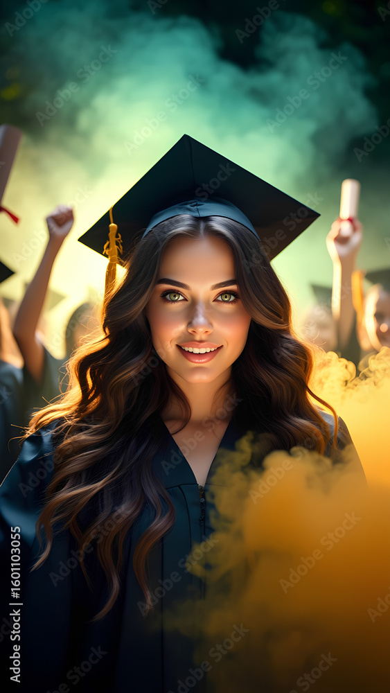 Obraz premium A woman in a graduation cap and gown is smiling at the camera