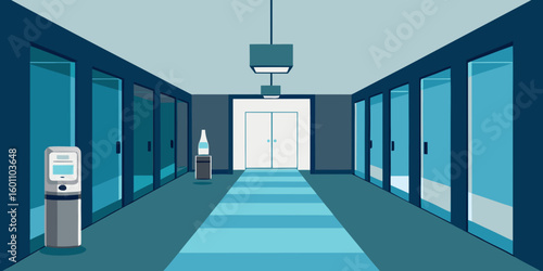 Modern office building hallway with glass doors and elevator entrance