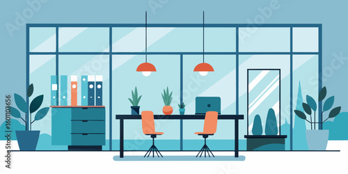 Modern office interior with large windows desk chairs plants and binders