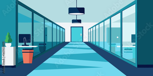 Modern office hallway with glass walls and blue carpeting