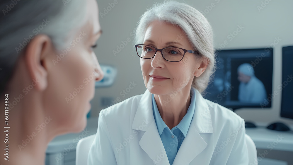A woman in a white lab coat is talking to another woman A woman in a white lab coat is talking to another woman