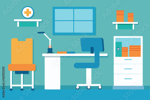 Modern doctor s office interior with desk computer chair and medical cross symbol
