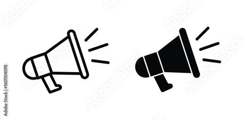 Vector art of two megaphone icons one in outline and one in solid black representing announcements