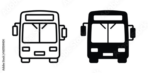 Vector art of two bus icons one in outline and one in solid black represent public transportation