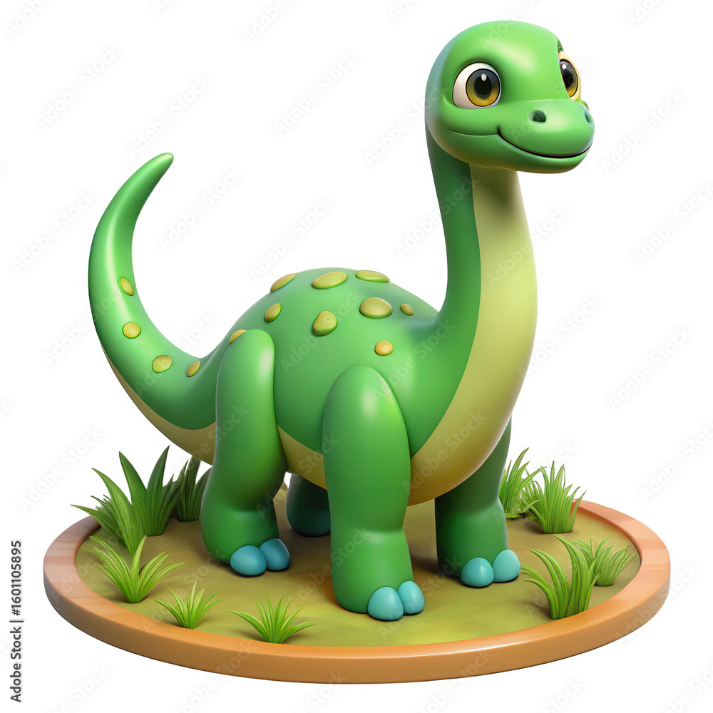 Fototapeta premium Adorable green cartoon brontosaurus dinosaur with yellow spots isolated on transparent background