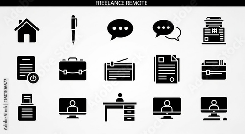 Freelance Remote Work Glyph Icon Set – Vector Home Office, Pen, Briefcase, Portfolio, Computer, Desk, Document Black Silhouette Illustrations