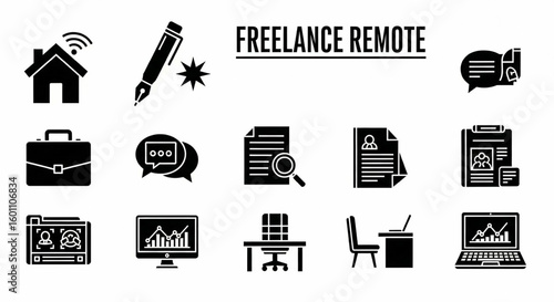 Freelance Remote Work Glyph Icon Set – Vector Home Office, Pen, Briefcase, Portfolio, Computer, Desk, Document Black Silhouette Illustrations