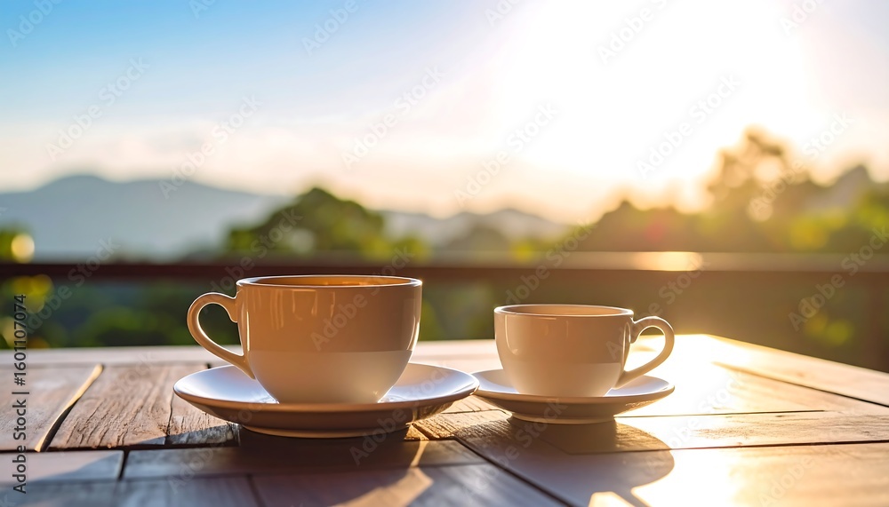 Obraz premium Two white coffee cups on a wooden table, sunrise view